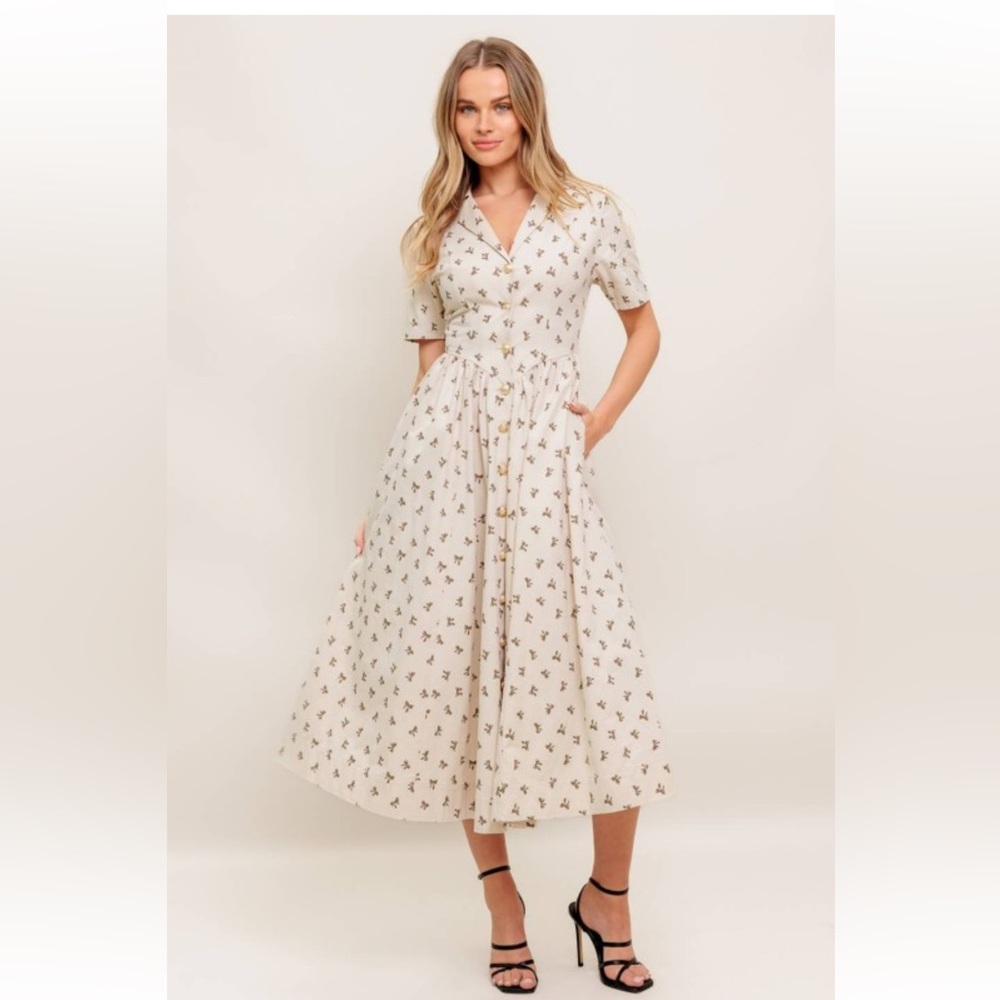 NWT! Luxury Bow Cream Printed Button Down Basque Waistline Midi Dress